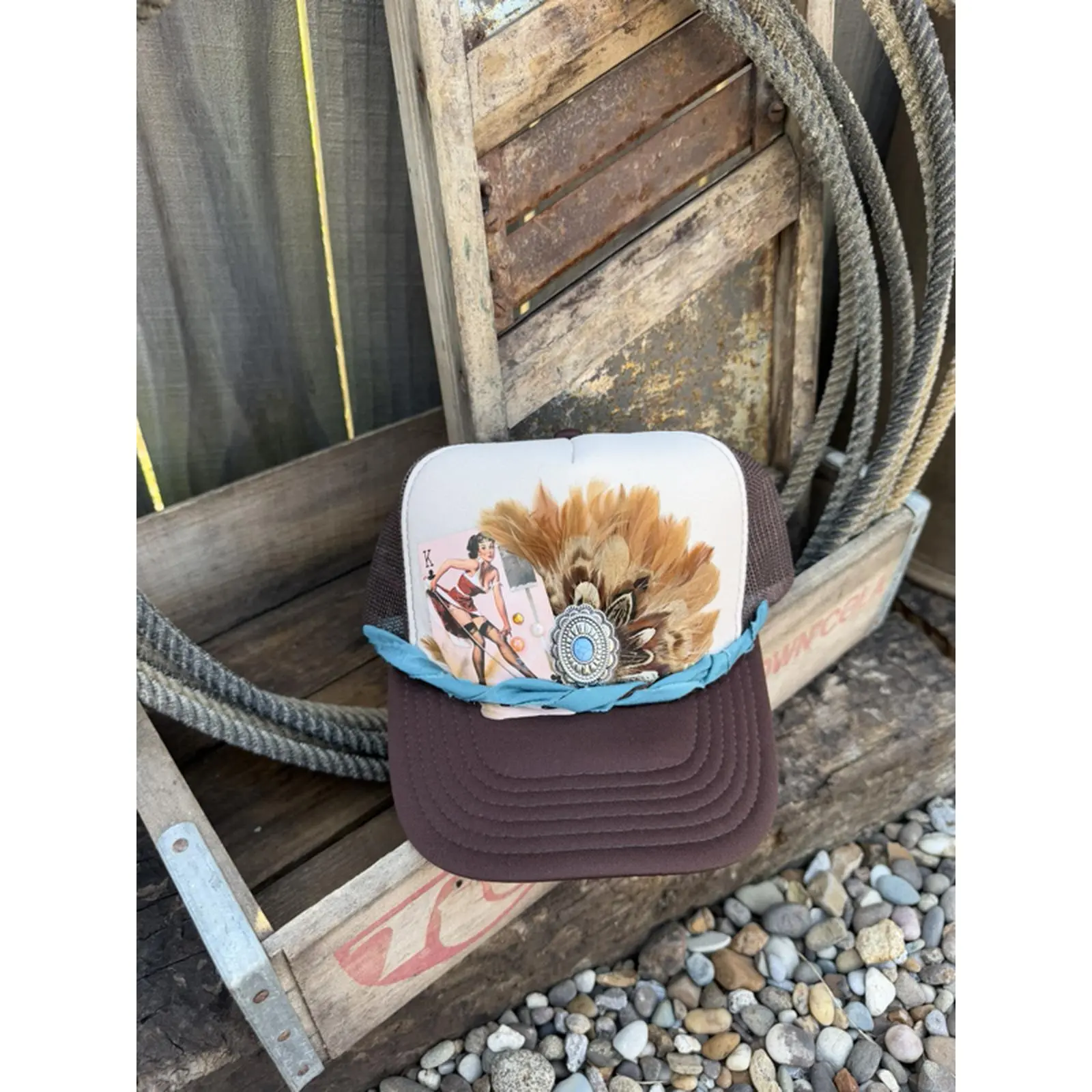 Western Playing Card Feather Trucker Hat Brown Cream with Turquoise Accents Concho and Playing Card Detail Fun Statement Look