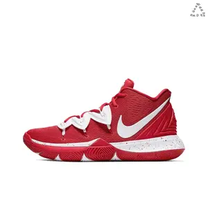 Mid-top Basketball Sneakers | Bright Red Breathable Mesh Upper with White Wavy Lace Loops and Swoosh Logo | Two-tone Red and Red-speckled White Multi-grip Traction Outsole for Basketball Training & Matches