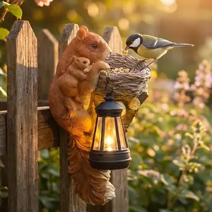Solar Squirrel Bird Feeder Outdoor Hanging Tree Decor Lantern, Waterproof Resin Dusk to Dawn Automatic Light for Garden Yard Art Patio Gifts
