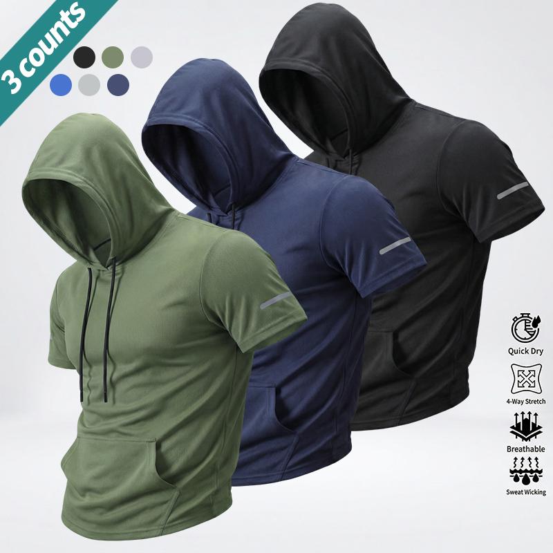 3-pack summer men’s solid-color minimalist versatile casual athletic tops: short-sleeve hooded sweatshirt, lightweight, comfortable slim fit for fitness and everyday wear