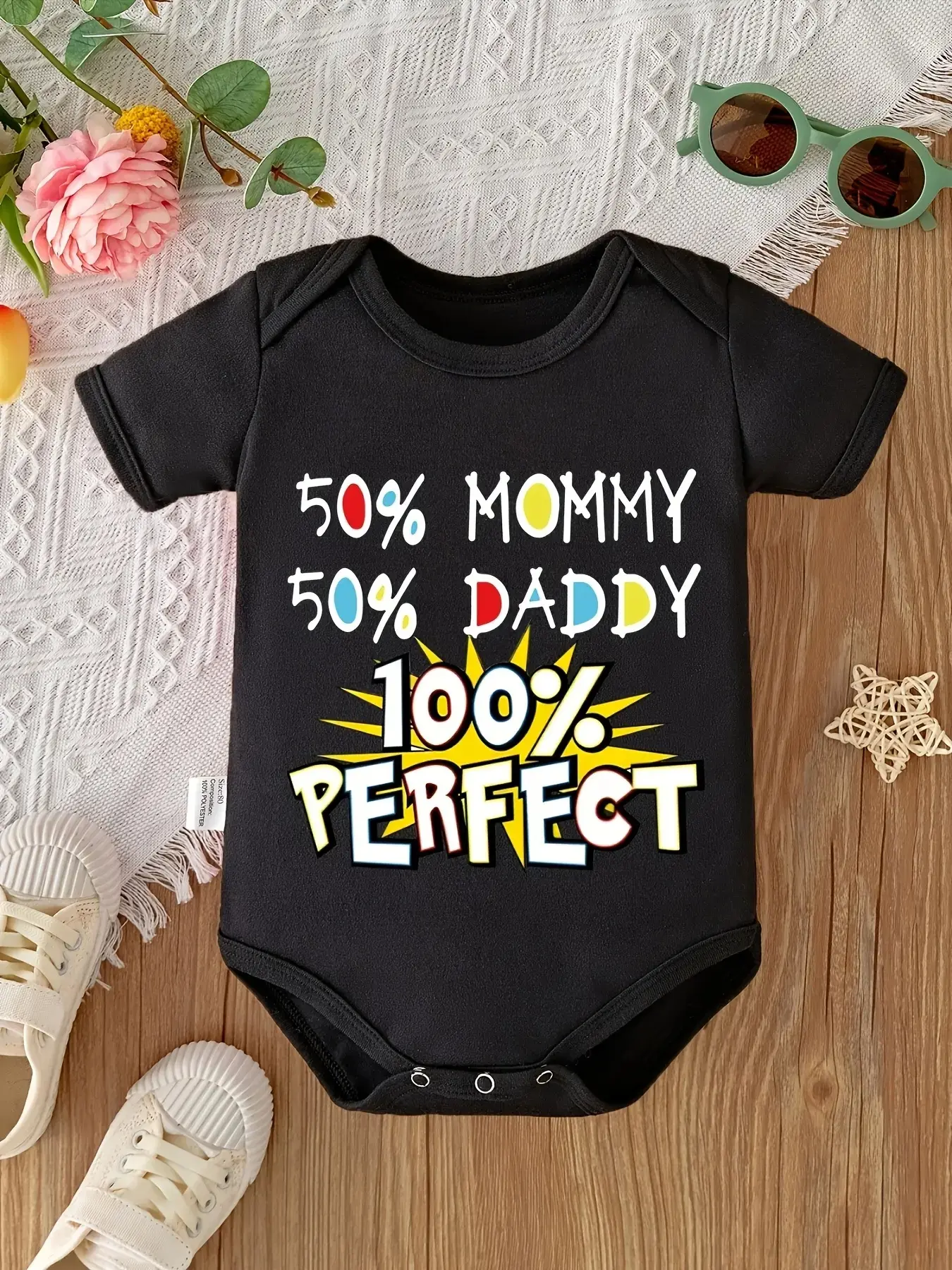 Unisex Fitted Newborn Baby Bodysuit - Maternity "50 Mommy 50 Daddy 100 Perfect" Letter Print Romper, Hypoallergenic Ring-Spun Cotton Outdoor Wear, Cute, Family, Crew Neck, Diaper Change, Basic, Snap Closure, One-Piece