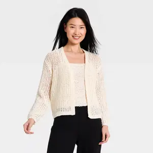 Women's Long Sleeve Tape Yarn Open Cardigan - A New Day Cream XL