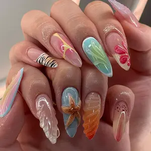 Press Nails Almond Short Spring 3D Starfish Wave with Shell Design Fake Nails Press ons Blue Nail Tips Artificial Acrylic Kit Full Cover False Nails Glossy Stick Nails Women 24Pcs