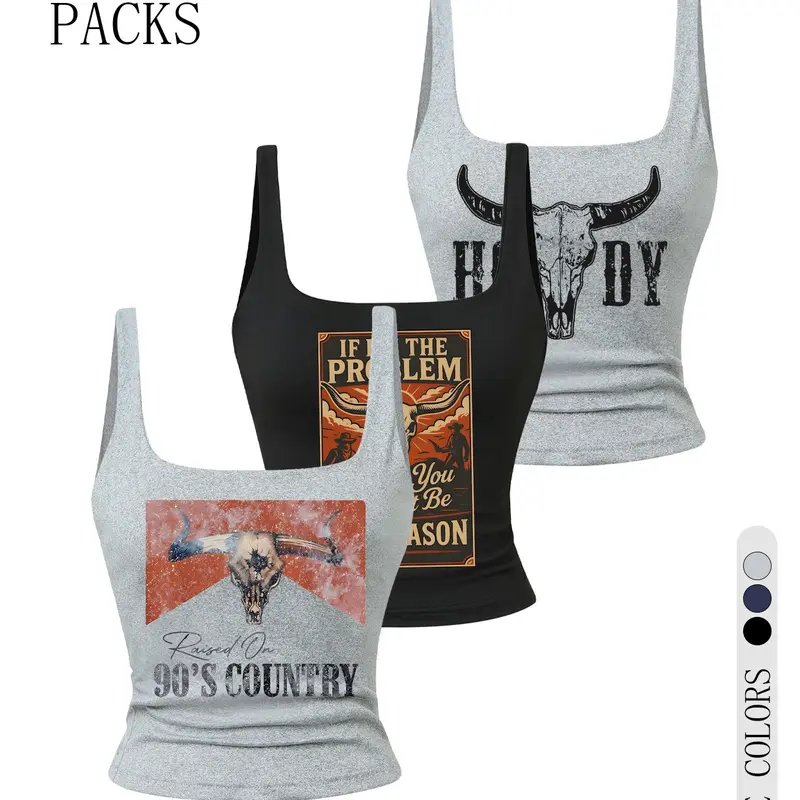 Women's 3-Pack Slim-Fit Bull Graphic Print Sleeveless Cropped Camisole Tank Tops, Soft Comfortable Fabric Daily Casual Summer Wear