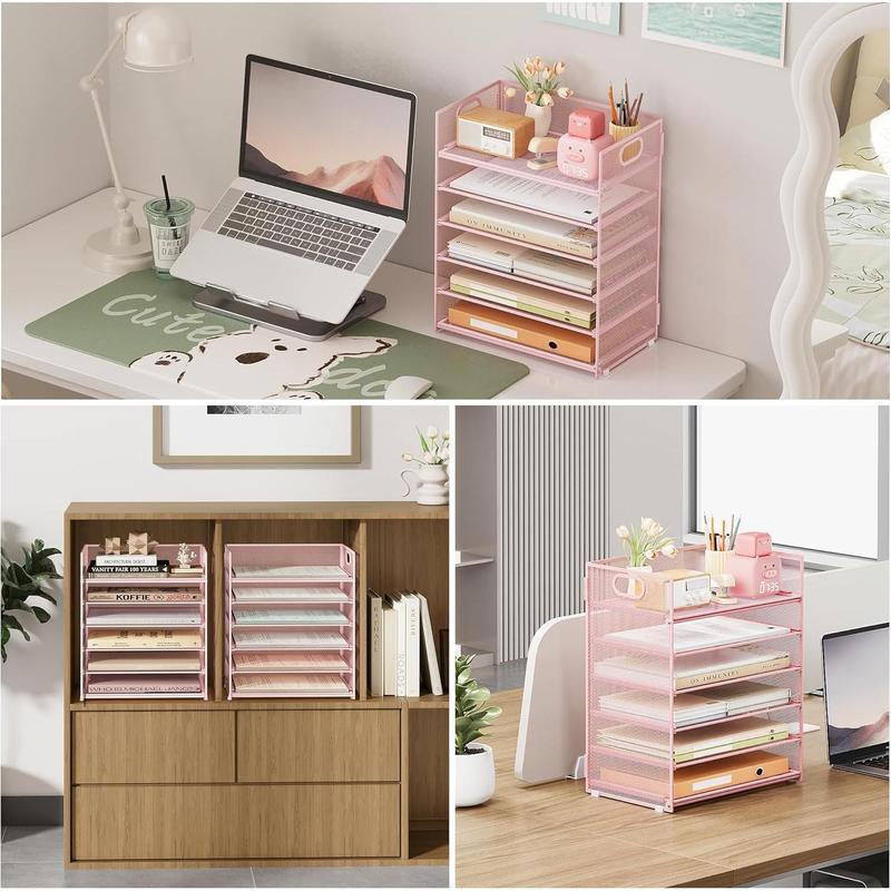 6 Tier Office File Paper Desk Tray Organizer with Handle, Stackable Slide Mesh Letter Tray Folder Pink Desk Organizer, Desktop Document Sorter for Classroom, Office, Home Supplies Storage