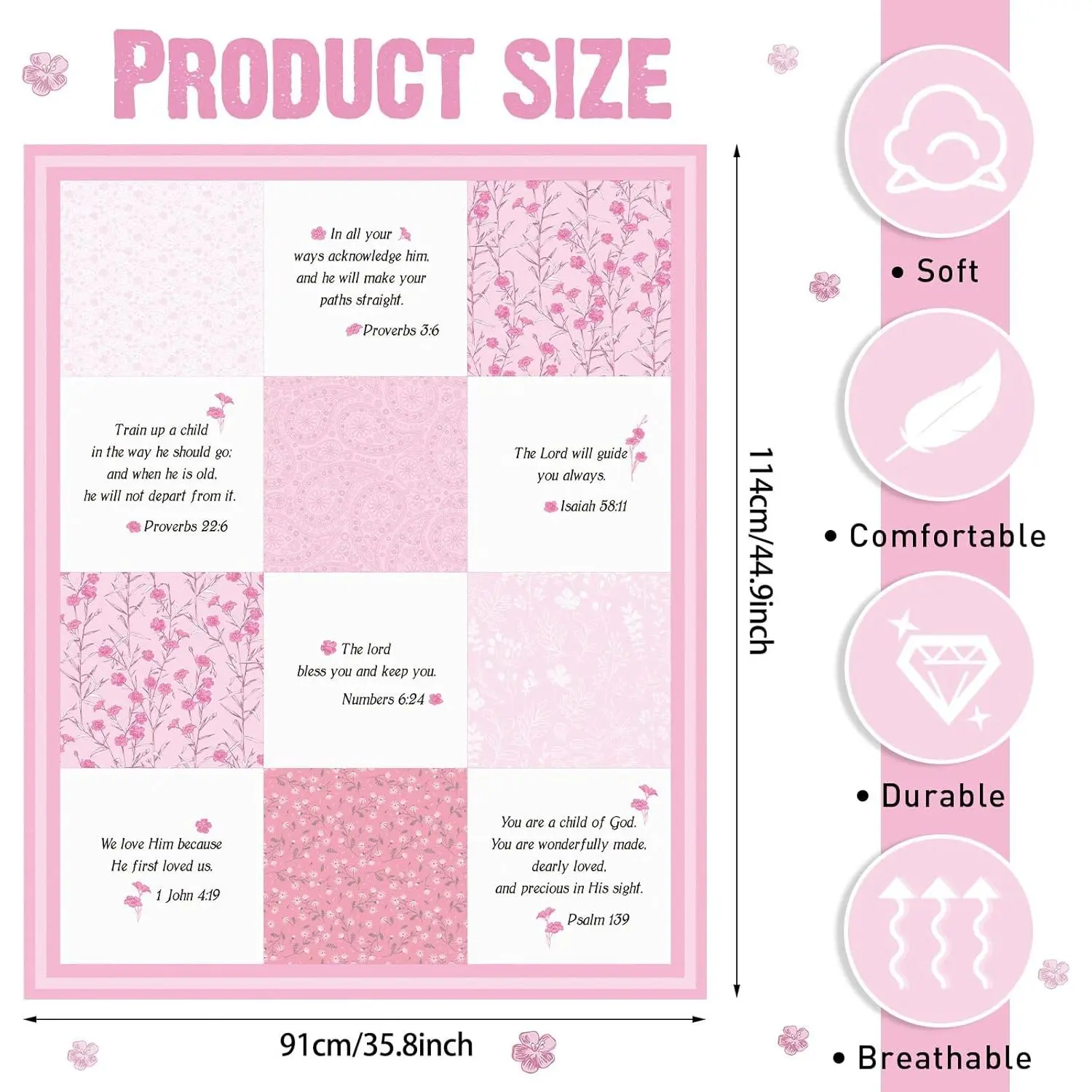 Christian Blankets for Blanket with Bible verses Scripture Flowers Paisley Receiving Baptism Blanket Christian Christening Gift for Kids, 30 x (Pink)