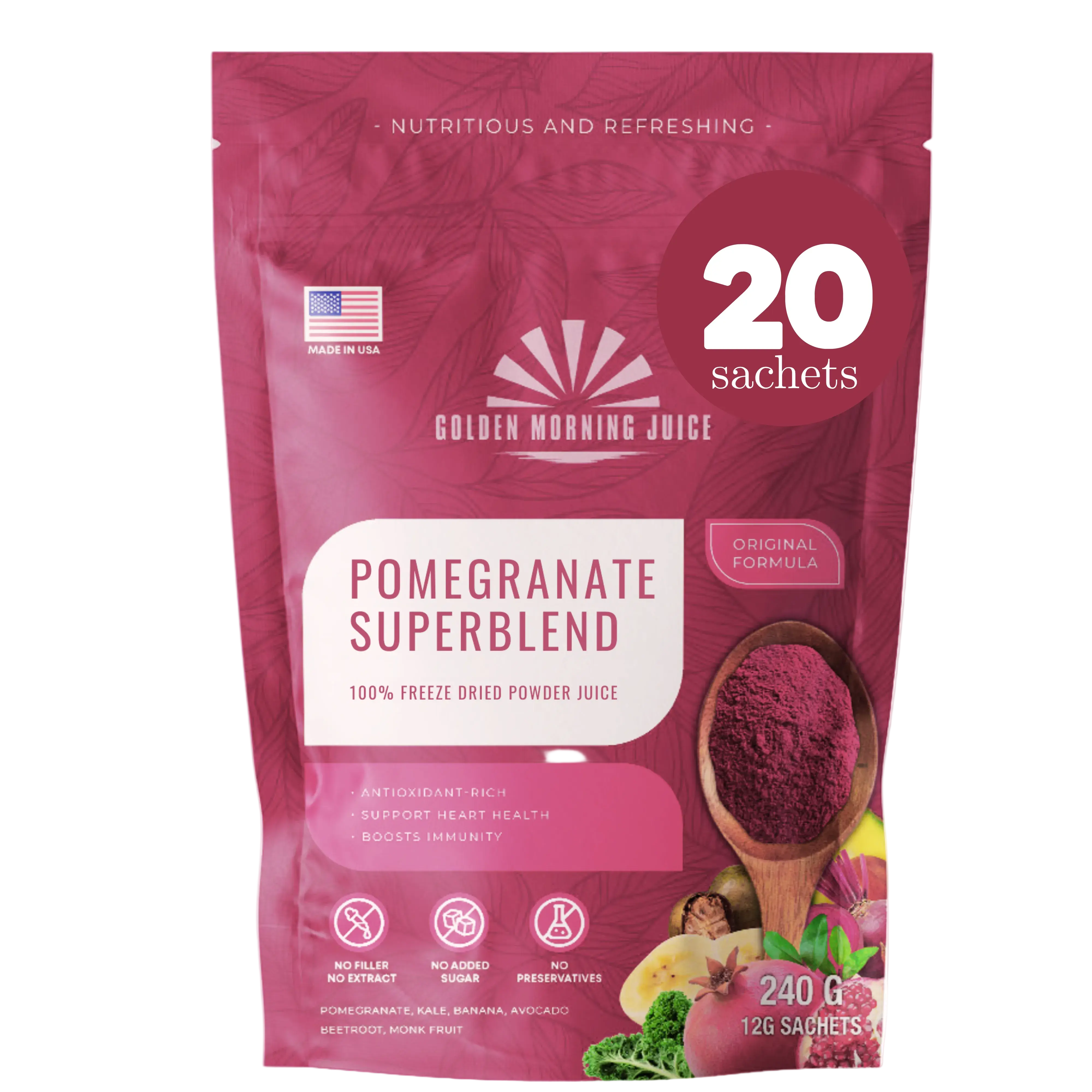 Golden Morning Juice – Pomegranate Superblend (20 Sachets)Freeze-Dried