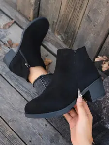 Women's Suede Side Zip Chunky Heel Short Boots, Vintage Comfortable Versatile Booties, Fall Winter Fashion Commuter Ankle Boots, Pointed Toe Boots