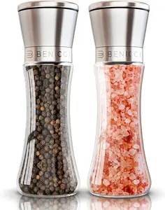 Premium Kitchen Glass Seasoning Bottles Set - 2 Refillable Stainless Steel Salt and Pepper Grinders with Adjustable Mill, Easy-Clean Ceramic Grinders, Bonus Silicone Funnel and Cleaning Brush