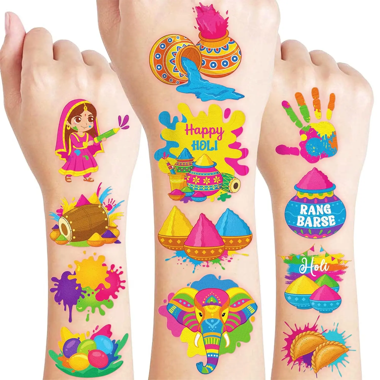 96 PCS Colorful Holi Hai Festival Pre-Cut Temporary Tattoos for Kids | Super Cute Themed Birthday Party Favors, Supplies, Decorations, Indian Fake Tattoo Stickers, School Prizes Gifts For Boys Girls