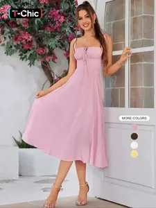 Women's Woven Lace Up Split Thigh Cami Dress, Elegant Slim Lightweight Adjustable Strap Backless Tie Front Midi Dress, Women's Dress for Summer Beach Holiday