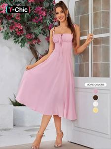 women's backless cami dress, women's casual wear clothing, elegant chic adjustable strap tie front sleeveless midi dress, women's clothing, capri sun dress, spaghetti strap dresses for women, womenswear for summer beach holiday, summer dresses