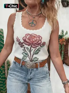 Summer Elegant Vintage Floral Print Shell Square Neck Knitted Vest Top, Women's Casual Fashion, Comfortable and Stylish, Elegant Chic Sleeveless, Sleeveless Clothing