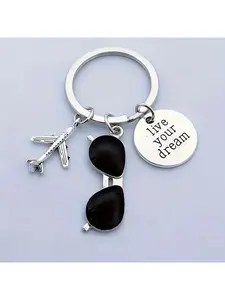 1pc/Keychain Featuring "Live Your Dream" Pilot Quote, Airplane and Fashion Glasses Travel Theme, Sporty Style Fashionable Alloy Keychain