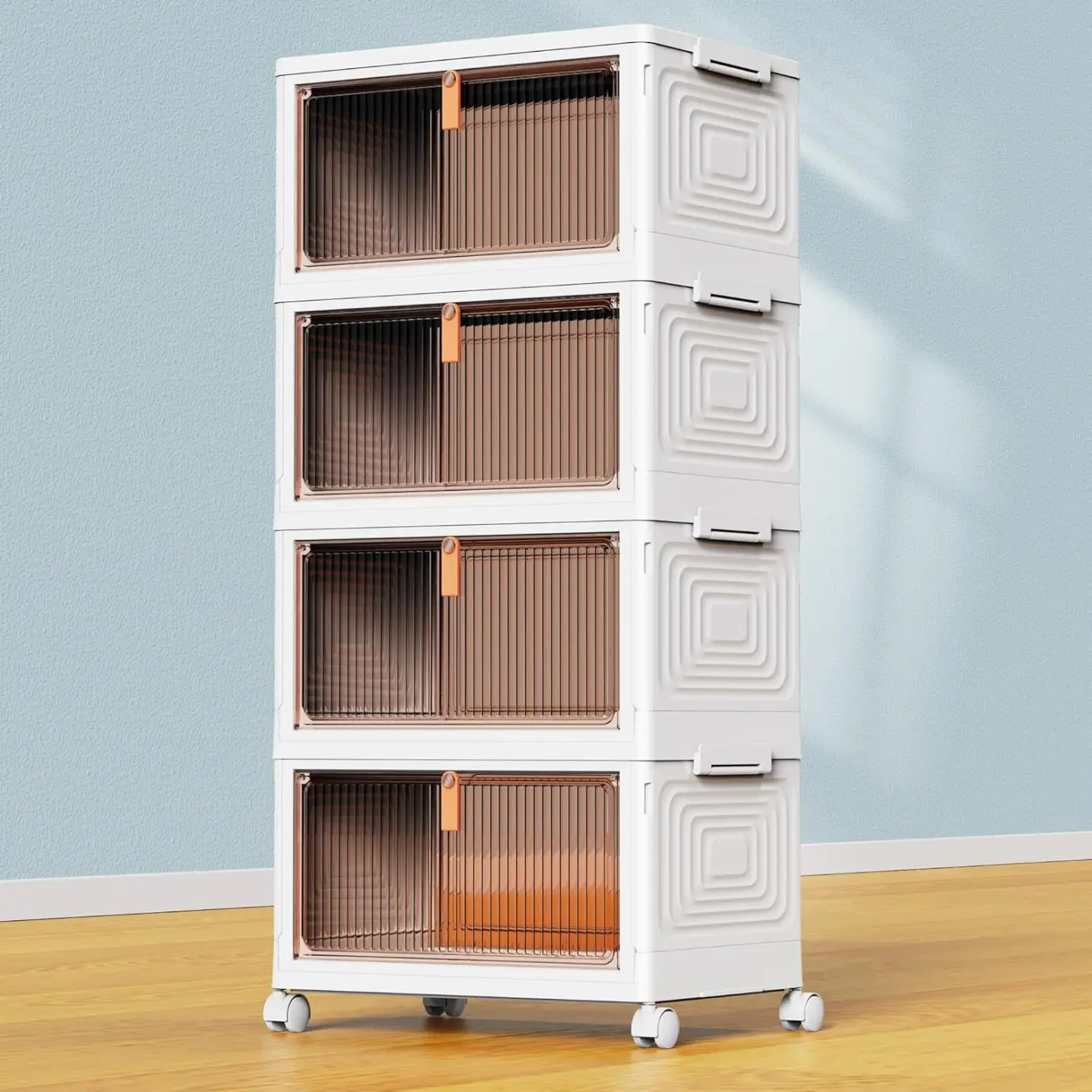4 Tier Plastic Storage Bins with Lid 23QT, Stackable Storage Containers with Wheels, Folding Storage Boxes, Stackable Storage Bins, Closet Organizers and Storage for Living Room,Office,Dorm Switch