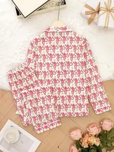 Women's All Over Monkey Print Lapel Neck Pocket Crop Blouse & Pants Pyjama Two-piece Set, Casual Comfy Button Up Front Long Sleeve Top & Trousers PJ Set, Ladies Sleepwear Loungewear Pajamas for All Seasons