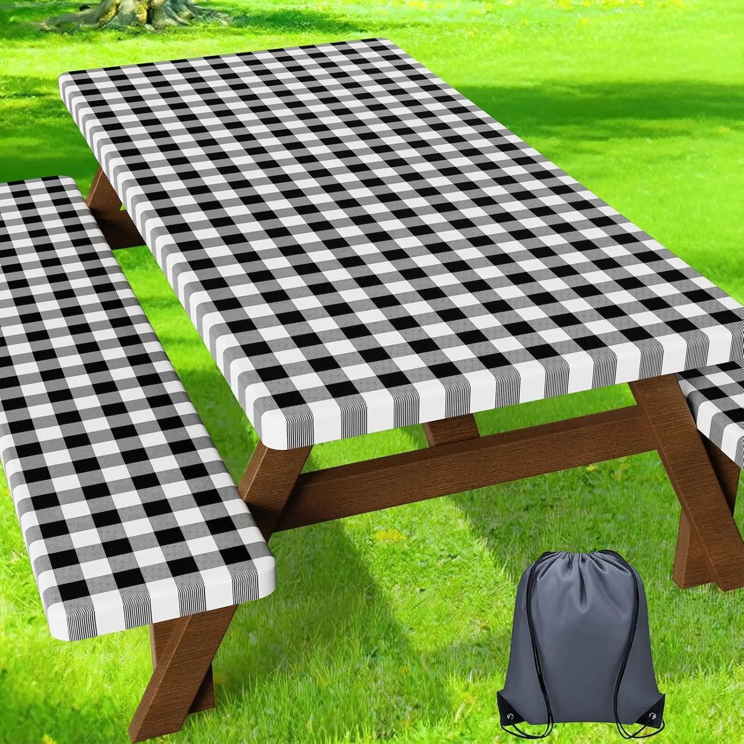 Fitted Picnic Table Cover with Bench Covers - 6FT Dual Layer Waterproof Camping Tablecloth with Windproof Elastic Edging & Bag, Washable RV Camping Accessories (72x30in, Black Checkered)