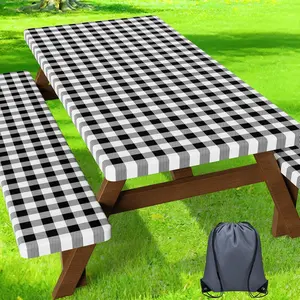 Fitted Picnic Table Cover with Bench Covers - 6FT Dual Layer Waterproof Camping Tablecloth with Windproof Elastic Edging & Bag, Washable RV Camping Accessories (72x30in, Black Checkered)