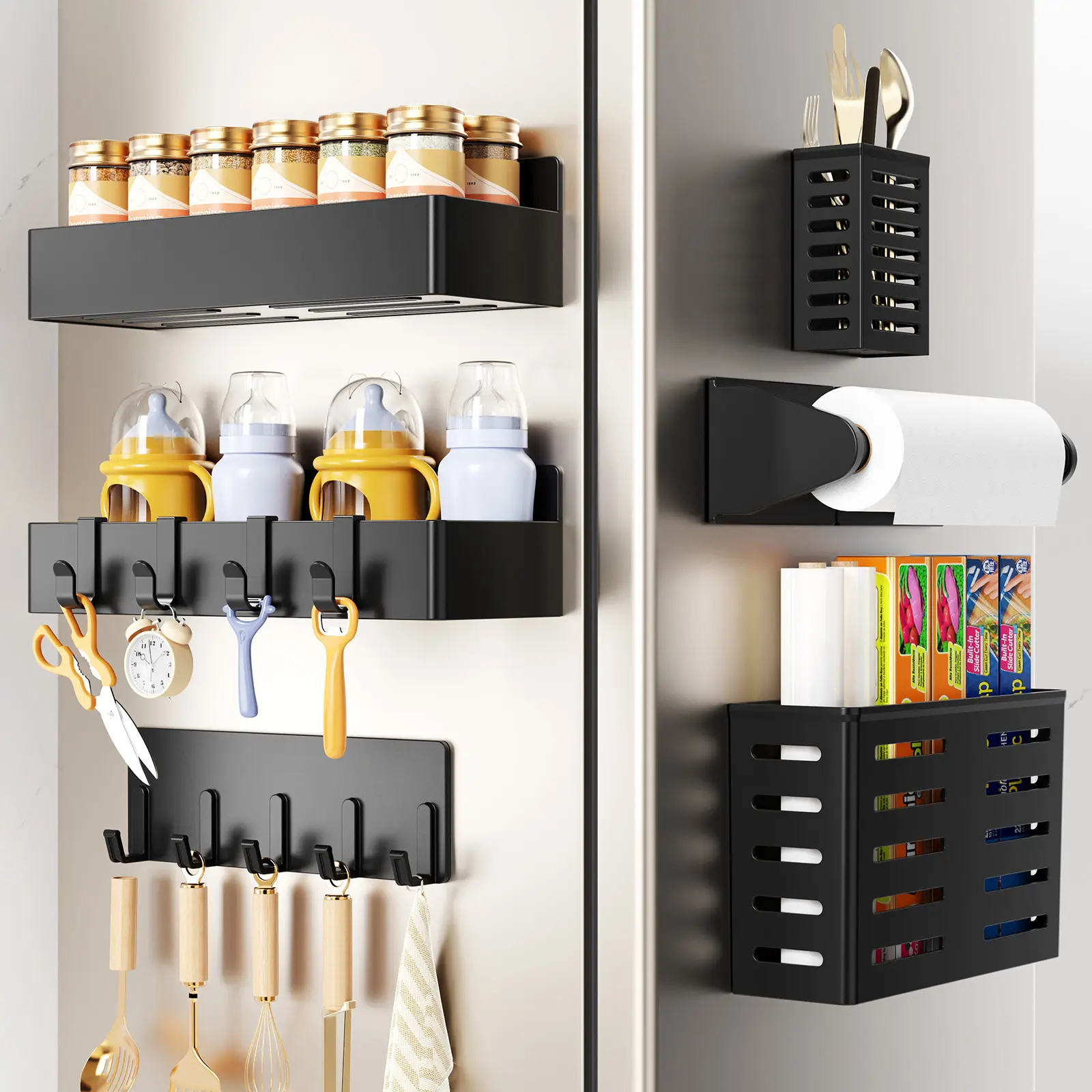 Nieifi 6-Pack Magnetic Spice Rack Set - Deepened ABS Metal Shelf with Dustproof Design, Paper Towel Holder, Utensil Hooks, Easy-Installation Kitchen Storage Magnetic Display for Fridge Side (Black)