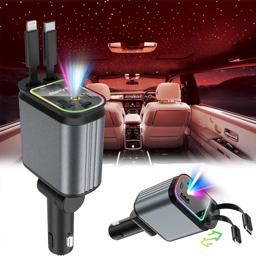 Retractable Car Charger, 4 in 1 Fast Charging Multi-Phone Car Charger USB-C & USB-A Compatible with iPhone 17/16/15/14/13/12,Galaxy,Pixel,with Red Starry Sky Light