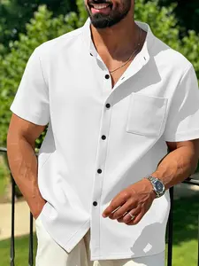 Men's Breathable Cuban Collar Short Sleeve Shirt, Casual Daily Wear, Beach & Workwear, Lightweight Button-Up Top, Comfortable & Stylish
