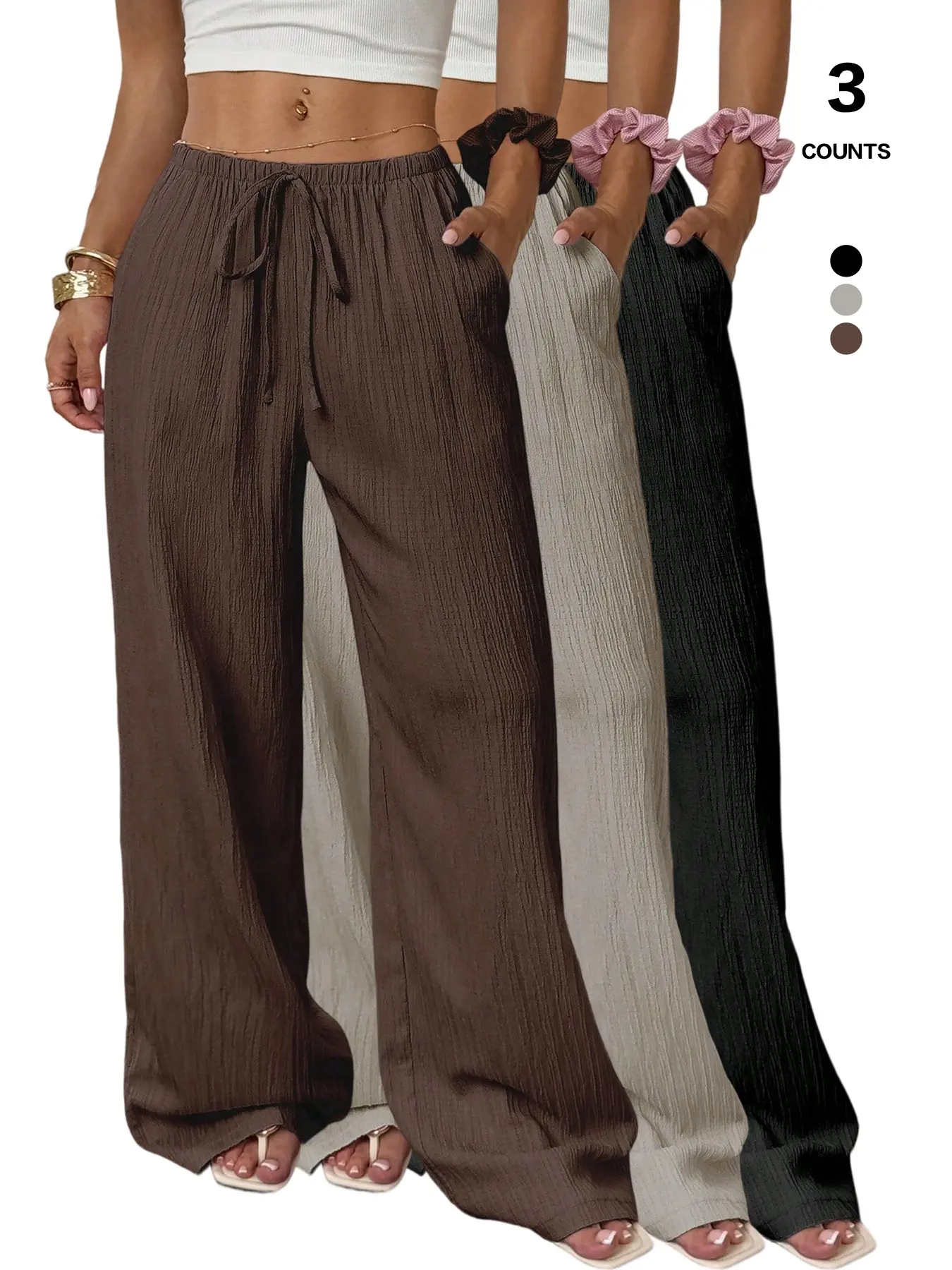 Women's 1/3 Count Linen-Like Polyester Basic Casual Fit Loose Baggy Trouser Pants, Wide-Leg Breathable Summer Beach Palazzo Pants, Perfect for Back-to-School 2026