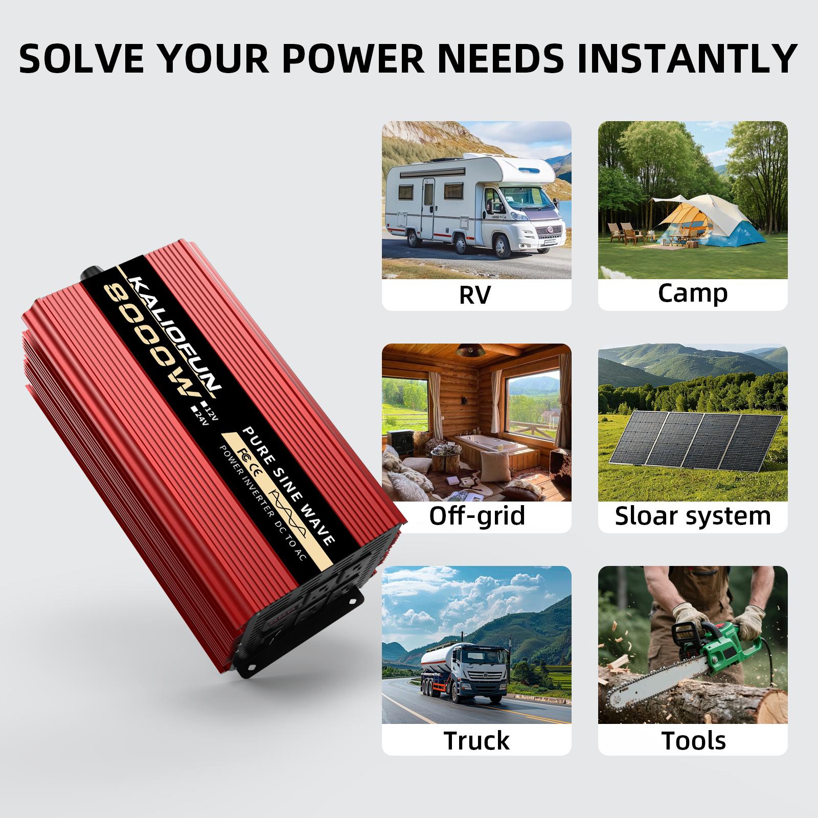 KALIOFUN 3000W/8000W high-power pure sine wave inverter, 12V DC to 110V AC converter, equipped with an LED display and 4 US-style outlets, ideal for cars, home emergency power systems, and outdoor power supply applications