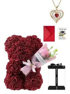 Handmade Eternal Flower Artificial Rose Bouquet, Teddy Bear Ruby Heart Necklace, Graduation Gift Set, Bachelor Hat Card Box