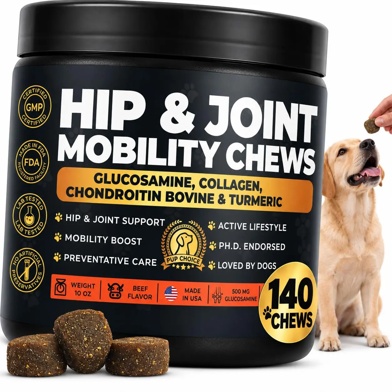 PUP CHOICE Dog Hip & Joint Care Chewables - 500mg Glucosamine HCl Supplement with Chondroitin, Collagen, MSM, Turmeric - Veterinarian Recommended Preventative Care for Large Breeds & Seniors, Simple Daily Wellness Step