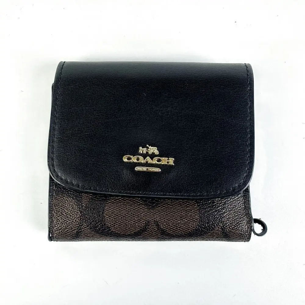 Pre-owned coach Signature Canvas & Black Leather Trifold Compact Wallet【1057】