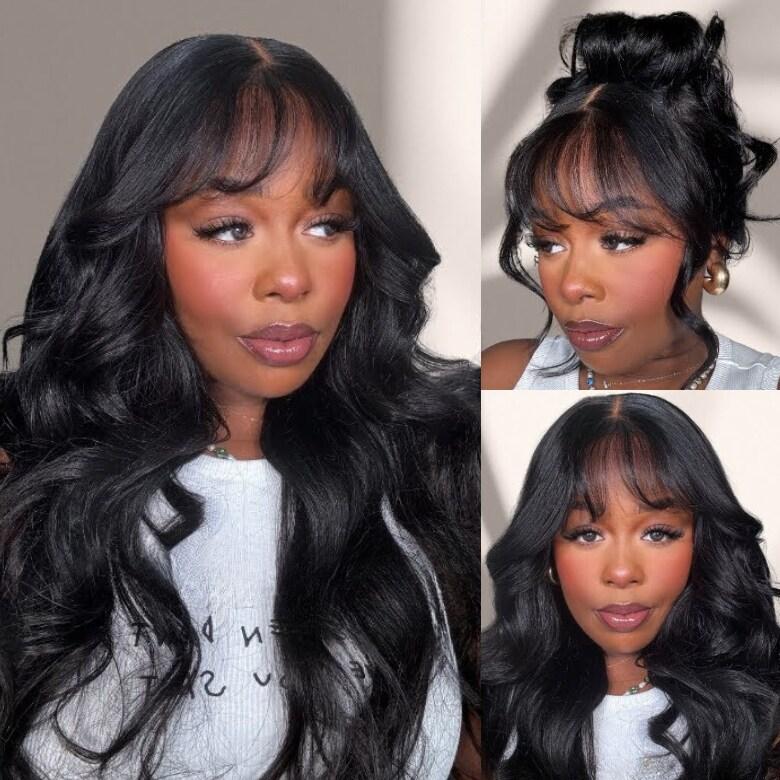 UNice Glueless Side-Part & Middle Part Fluffy Loose Wave Wig with Wispy Air Bangs 13x4 HD Lace Frontal Human Hair Wigs with Bleached Knots Easy to Install Natural Hairline Scalp SpringStatements