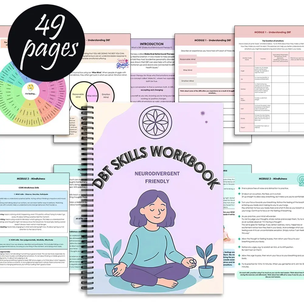 Neurodivergent Friendly Dbt Skills Workbook, Dialectical Behavior Therapy, Essential Guide for Neurodiverse Individuals, Comprehensive Skill Development Book, Mental Health, Emotional Regulation, Coping Mechanisms