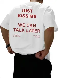 [tiktok shop deals]FEEGO Men's Regular Fit "JUST KISS ME WE CAN TALK LATER" Slogan Print Round Neck Tee 100% Cotton Casual Street Fashion Unisex T-shirt for Daily Wear