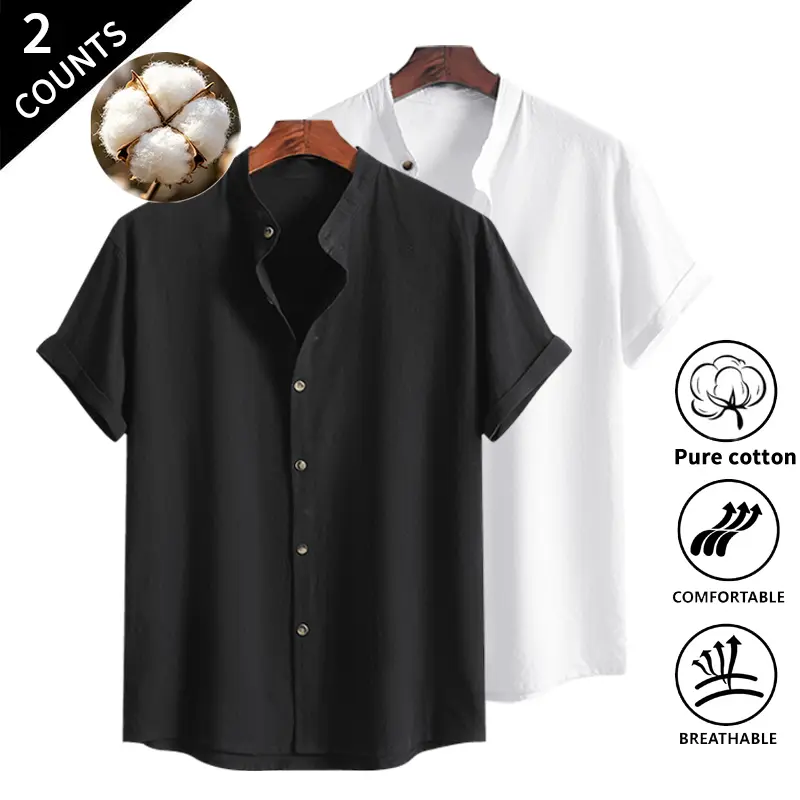 Summer Vibes 2-Pack Casual Men’s Short Sleeve Mandarin Collar Button-Up Shirts, Solid Color, Comfortable and Breathable Everyday Summer Shirts