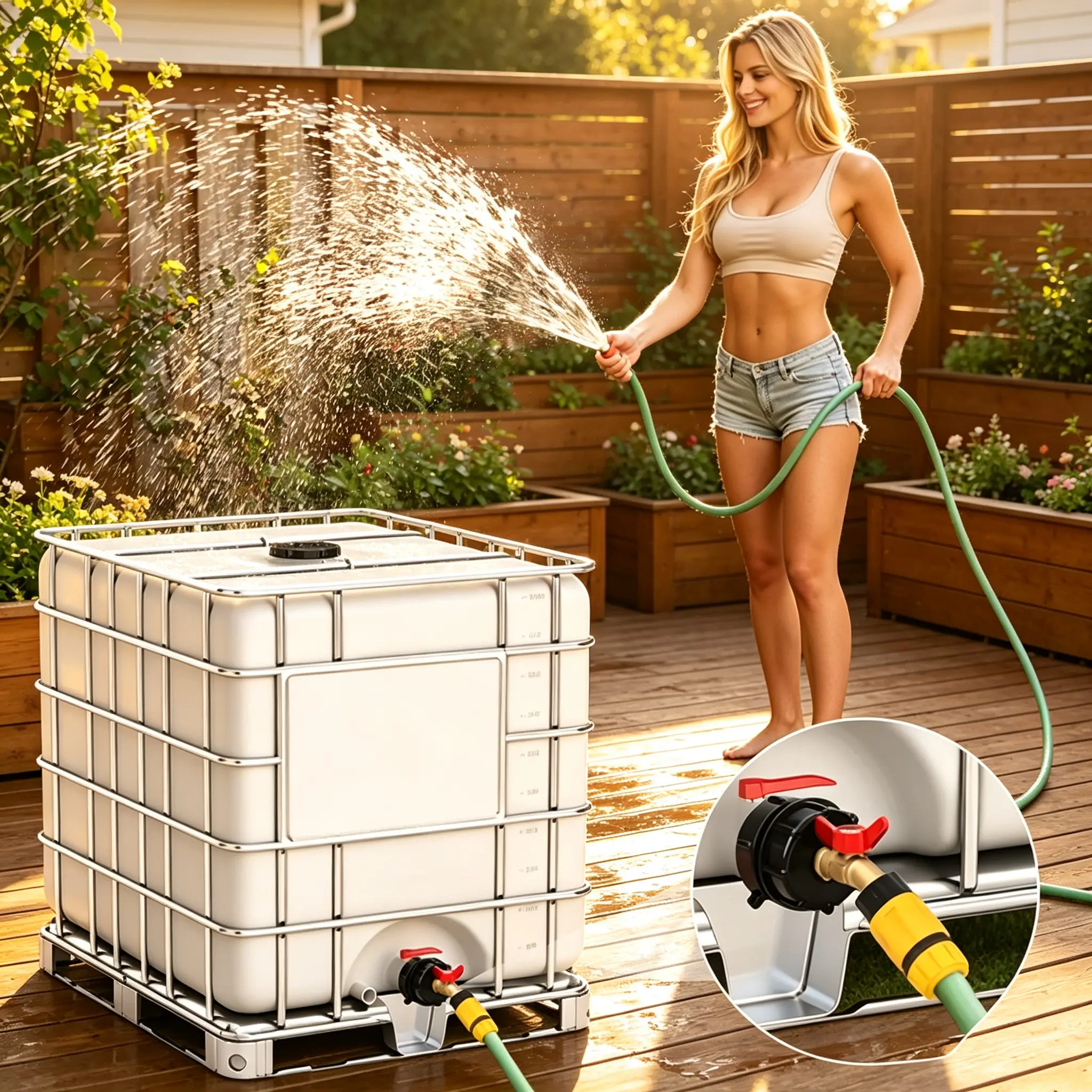 IBC Tote Tank Adapter Kit Set for 275-330 Gal Water Storage Containers, Gardener-Friendly, Dual Threads (2.44" Fine, 2.36" Coarse), Leak-Proof Brass Flow Control Shut-Off Valve, 1/2" Male NPT to 3/4" Male GHT Garden Hose Connector