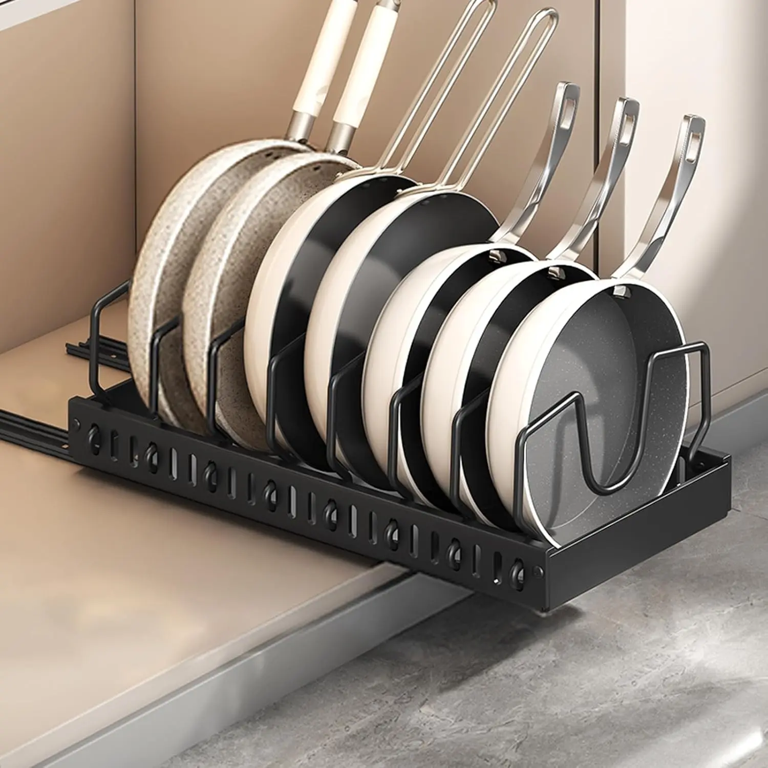 Cabinet Pull-Out Pot Rack, Kitchen Slide Lid Holder & Skillet Stand, Draw-Style Utensil Organizer, Kitchen Utensils Holder, Dish Racks, Fits Pots, Baking Molds, Dishes