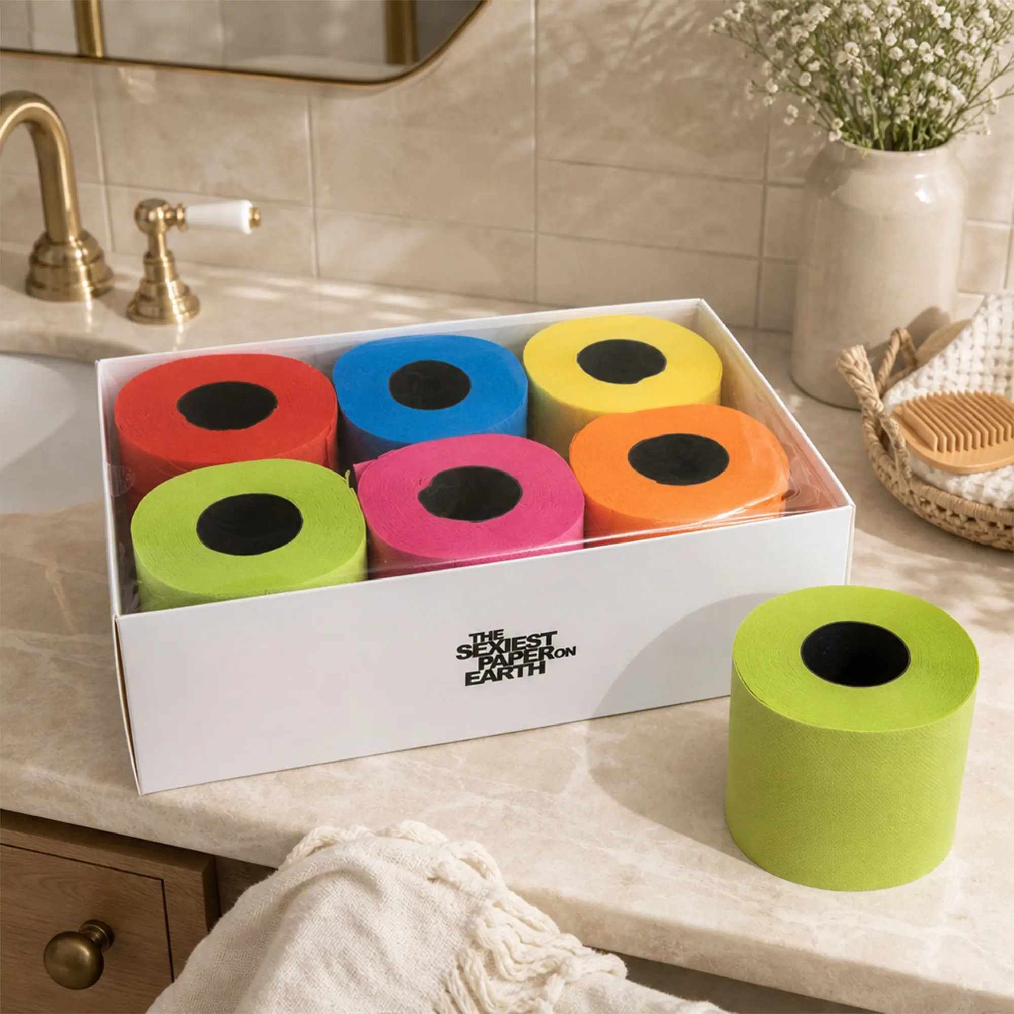 Renova Multicolor Toilet Paper Gift Box, 3-Ply, 6 Rolls, 140 Sheets Each - Fun Party & Bathroom Decor Set