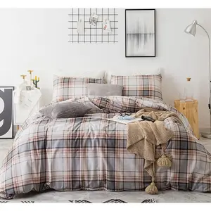 Tan Plaid Duvet Cover   Cotton 3 count Set 1 Brown Tartan Patterned Duvet Cover with Zipper Ties 2 Pillowcases  Farmhouse Khaki Striped Gingham Bedding Set Soft