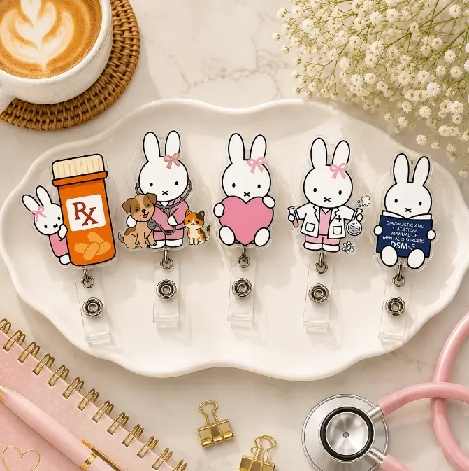 Healthcare Career Bunny Badge Reel, Pharmacy Veterinary Psychology Lab ID Holder, Retractable Acrylic Badge Clip, Medical Professional Gift for Women