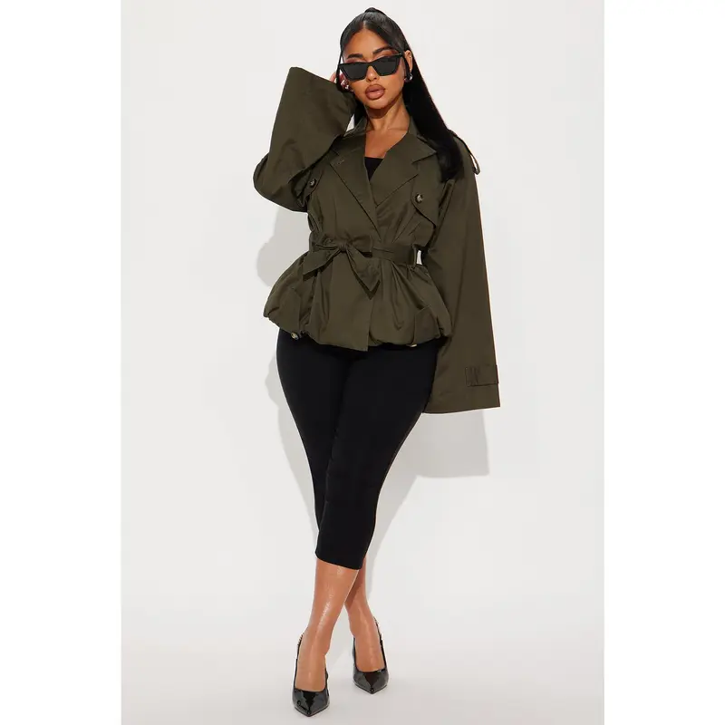 Ms. Hailey Bubble Hem Cropped Trench - Olive - TikTok Shop