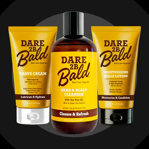 DARE TO BE BALD Bald Trio Men's 3-Piece 25.6oz Scalp Care Kit - Hair Care Pack, Hydrating Haircare, Peppermint Moisturizing Lotion, Shave Cream for 3-Step Cleansing, Smoothing, Skin Health Men's Grooming, Everyday Use (Ingredients: Water Aqua)