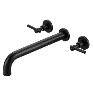 Wall Mount Tub Filler Matte Black, Wall Mounted Faucet Made of Solid Brass, High Flow Wall Mount Bathroom Faucet with 12-in Long Spout Reach