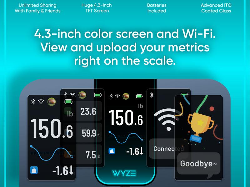 Wyze Scale Ultra &mdash; Wi-Fi Smart Weighing Scale, Huge 4.3" Screen &mdash;  Step-On Body Composition Measurements (Track Weight, BMI, Fat/Fit Goals)