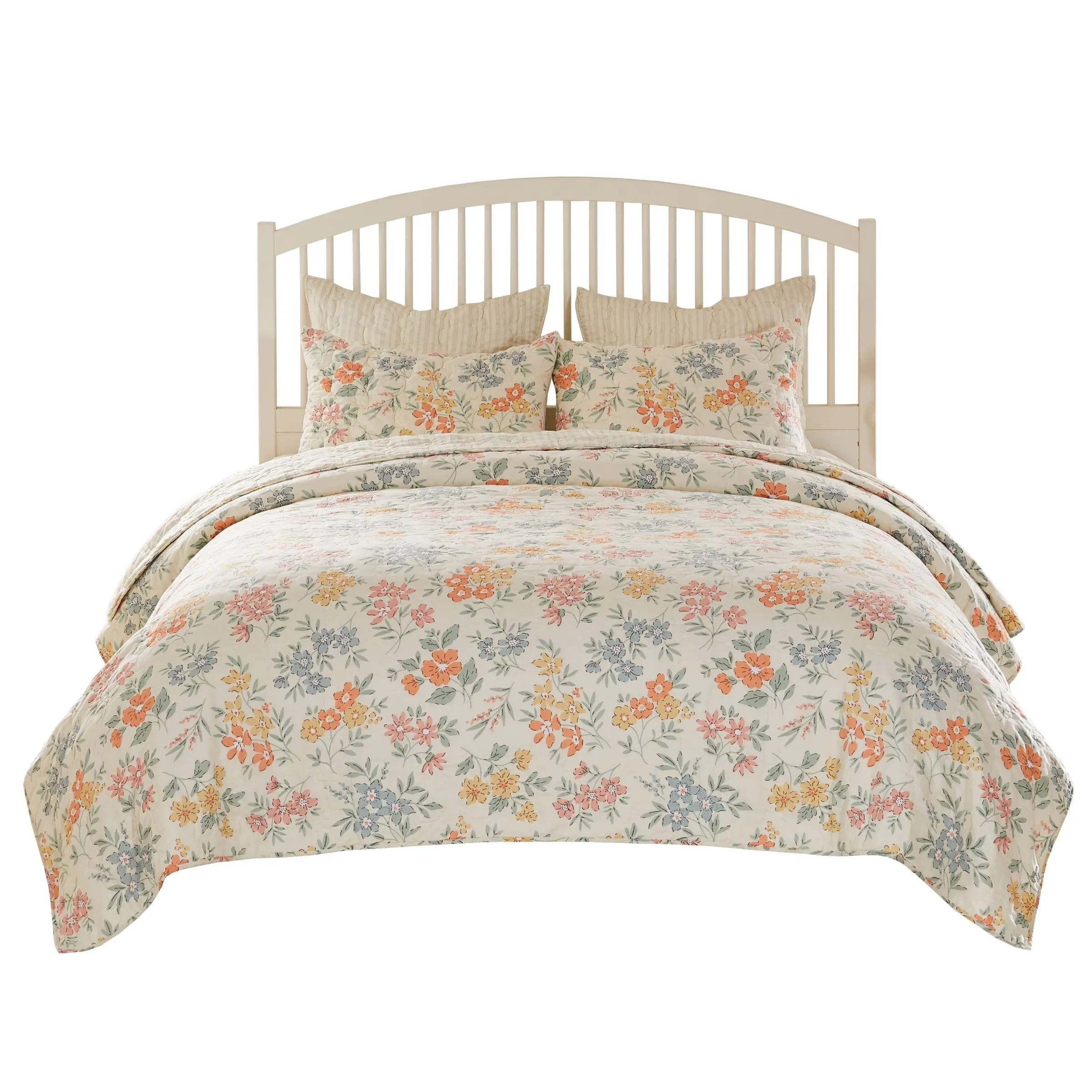 Greenland Home Fashions Chloe 3-Piece Reversible Floral Cotton Quilt Set with Cream Backing