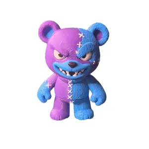 Patchwork Bear Evil Grin Blue & Purple Articulated Design with Patchwork Stitches and Unique Color Scheme
