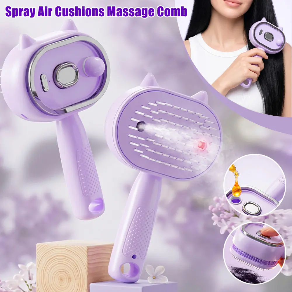 Electric Steam Brush for Hair, Electric Spray Air Cushion Massage Comb with Red Light Therapy, Water Spray Hair Brush, Self-Cleaning Anti-Static Hair Care Comb for Nourishing, Smoothing & Moisturizing, Relieve Hair Tangles & Dryness