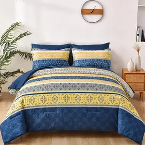 Boho Comforters Set , 7 count Navy Blue and Yellow Comforter Sets Bohemian Bed in a Bag Striped Comforter Set Soft Microfiber Paisley Floral Comforter and Sheet Set for  Season