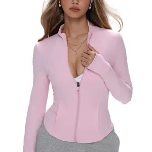 Women's Fleece Lined Fall Winter Sports Jacket, Stand Collar Finger Tip Design, Zipper Dual Arc Curve Waist Cinching, Comfort Yoga Gym Running Cycling Golf Tennis Golf Clothing