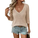 Dokotoo Women's Waffle Knit 3/4 Sleeve Lace Trim U Neck Top Casual Loose Fit Textured Blouse Breathable Stretchy Shirt