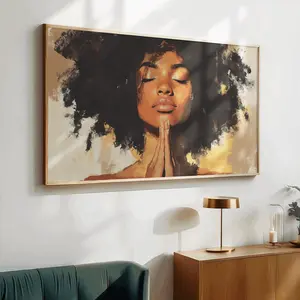 Praying Black Woman Wall Art – Afrocentric Spiritual Portrait, Inspirational Melanin Beauty Print, Modern Luxury Home Decor Gift, Unframed